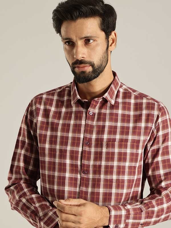 Indian Terrain Men's Slim Fit Full Sleeve Checkered Red Shirt